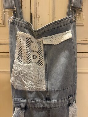 Light Gray Denim Overalls with White Lace Patchwork